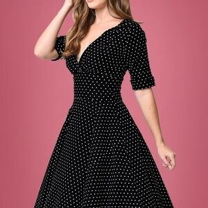 Unique Vintage Black and White Polka Dot Midi Dress